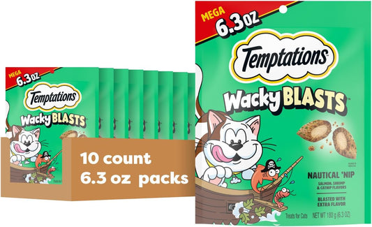 Wacky Blasts Cat Treats, Nautical 'Nip Flavor, 6.3 Oz, 10 Pack | Salmon, Shrimp & Catnip Flavor Bits, Crunchy Outside/Soft Inside, under 2 Cal per Treat, 100% Complete Nutrition, Resealable