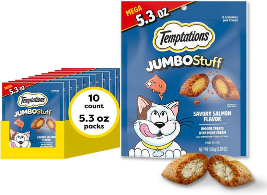 Jumbo Stuff Crunchy & Soft Cat Treats, Salmon, 5.3 Oz, 10 Pack | Crunchy Outside, Soft Inside, under 2 Calories per Treat, Resealable Stay-Fresh Pouches, 100% Complete & Balanced