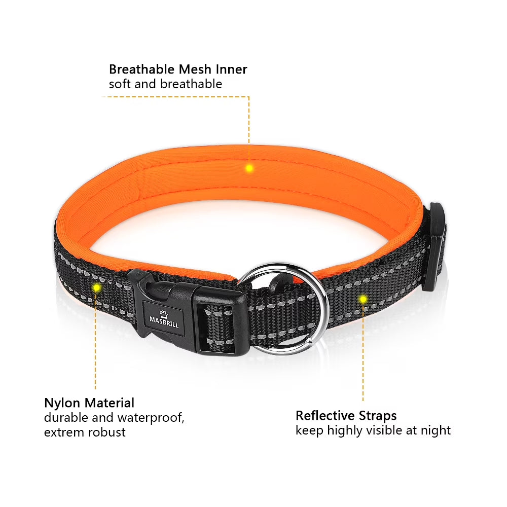 Dog Collar with Dog Tag Reflective Soft Neoprene Padded Breathable and Adjustable, Odour Resistant and Fast Drying-Orange-M