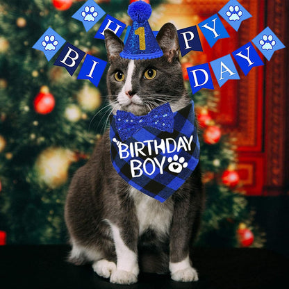 Cat Birthday Party Supplies, Cat Birthday Hat with Numbers Bandana Bow Tie Collar Banner for Cats Kittens Birthday Outfit Decorations