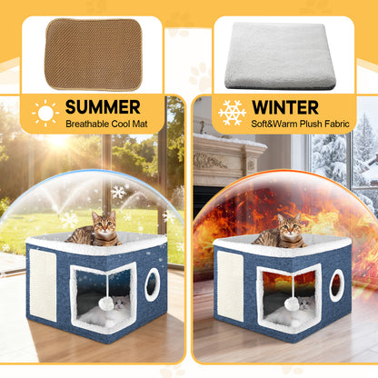 Cat Bed  Cat House for Indoor Cats with 2 Cushion, Large Cat Cave with Scratch Pad and Fluffy Ball Hanging,Blue
