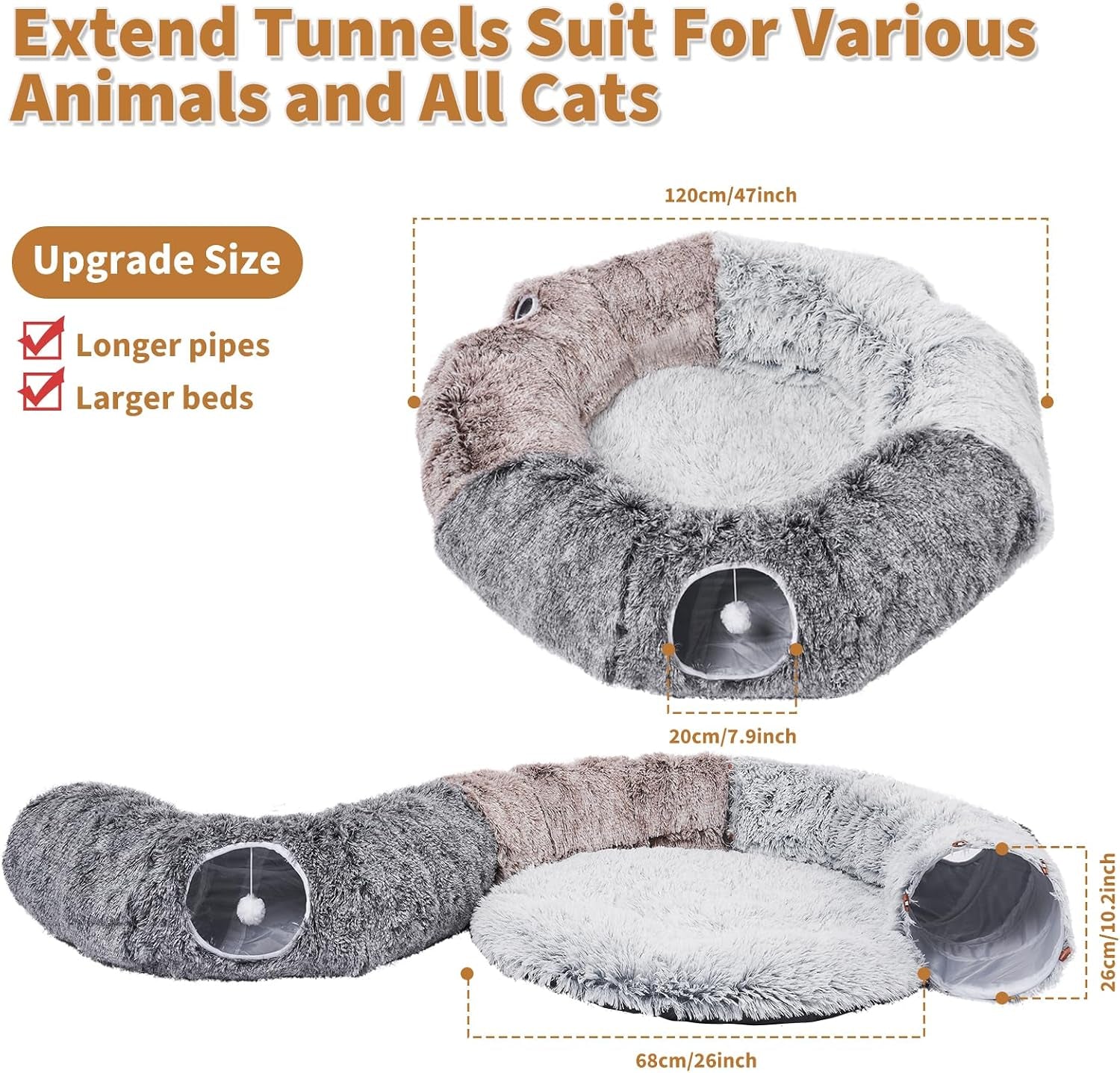 Large Cats Tunnels for Indoor Cats Fluffy Warm Cat Bed and Detachable Cave Tunnels with 20 Pet Toys, Donut Tunnel and Variety Kitten Toy Set for Playing