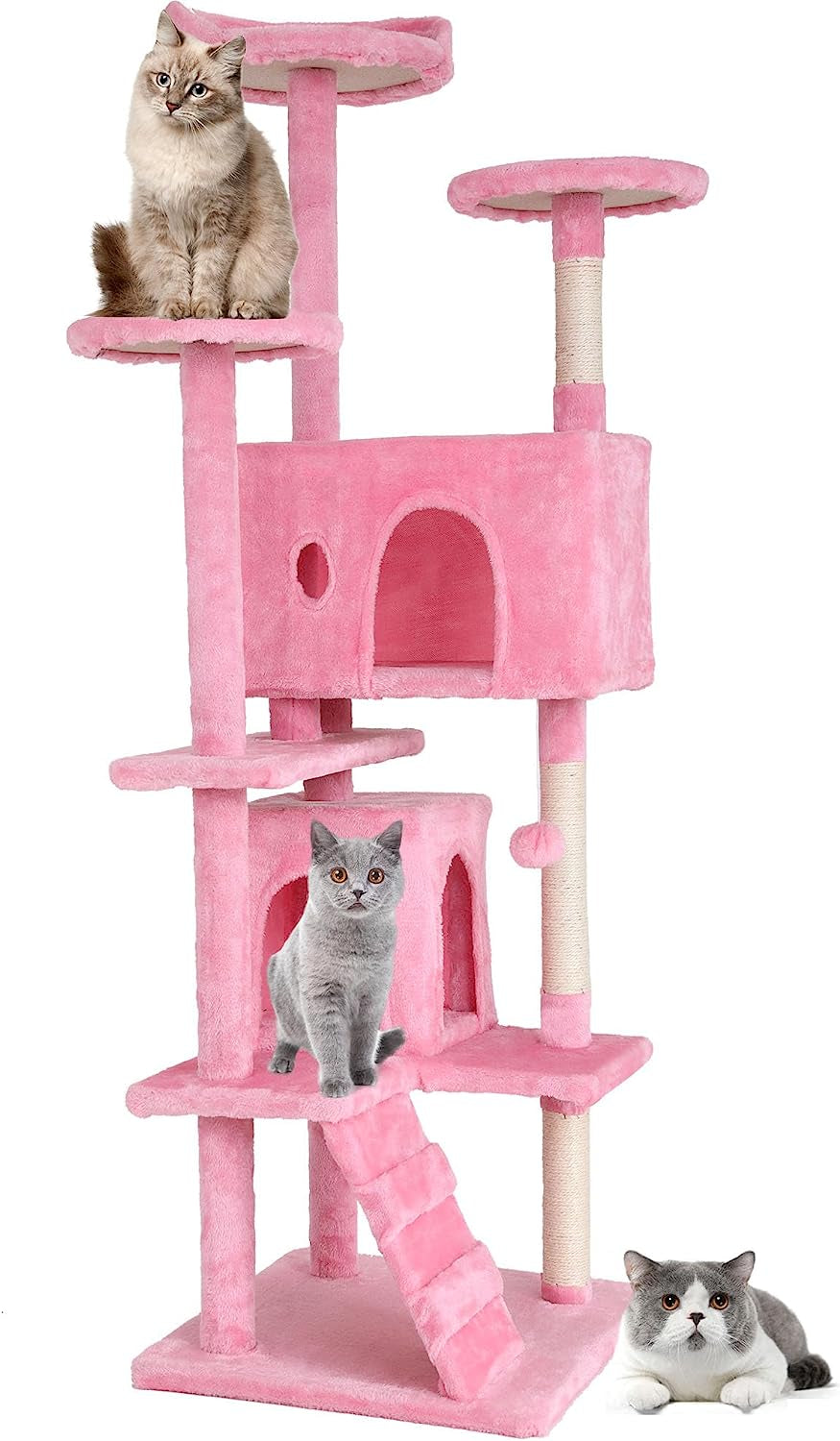 | 70" Cat Tree Tower | Pink | Sturdy, Easy to Assemble, Multi-Level Activity Center with Sisal Scratching Posts, Condos, Perches, Hanging Cat Toys, Observation Decks & Ladder