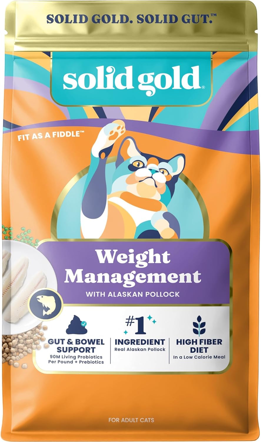Solid Gold Weight Management Cat Food for Adults - Grain Free & Gluten Free Dry Cat Food Indoor & Outdoor Recipe for Healthy Weight W/Alaskan Pollock & Probiotics for Gut Health & Digestion - 3 LB