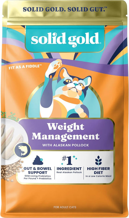 Solid Gold Weight Management Cat Food for Adults - Grain Free & Gluten Free Dry Cat Food Indoor & Outdoor Recipe for Healthy Weight W/Alaskan Pollock & Probiotics for Gut Health & Digestion - 3 LB