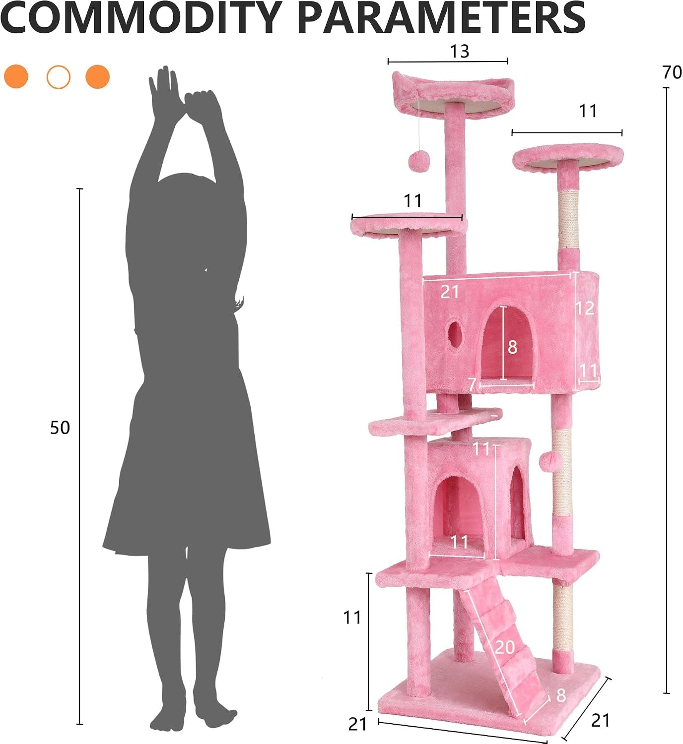 | 70" Cat Tree Tower | Pink | Sturdy, Easy to Assemble, Multi-Level Activity Center with Sisal Scratching Posts, Condos, Perches, Hanging Cat Toys, Observation Decks & Ladder