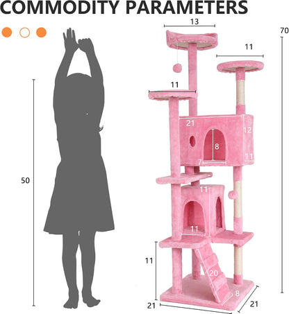 | 70" Cat Tree Tower | Pink | Sturdy, Easy to Assemble, Multi-Level Activity Center with Sisal Scratching Posts, Condos, Perches, Hanging Cat Toys, Observation Decks & Ladder