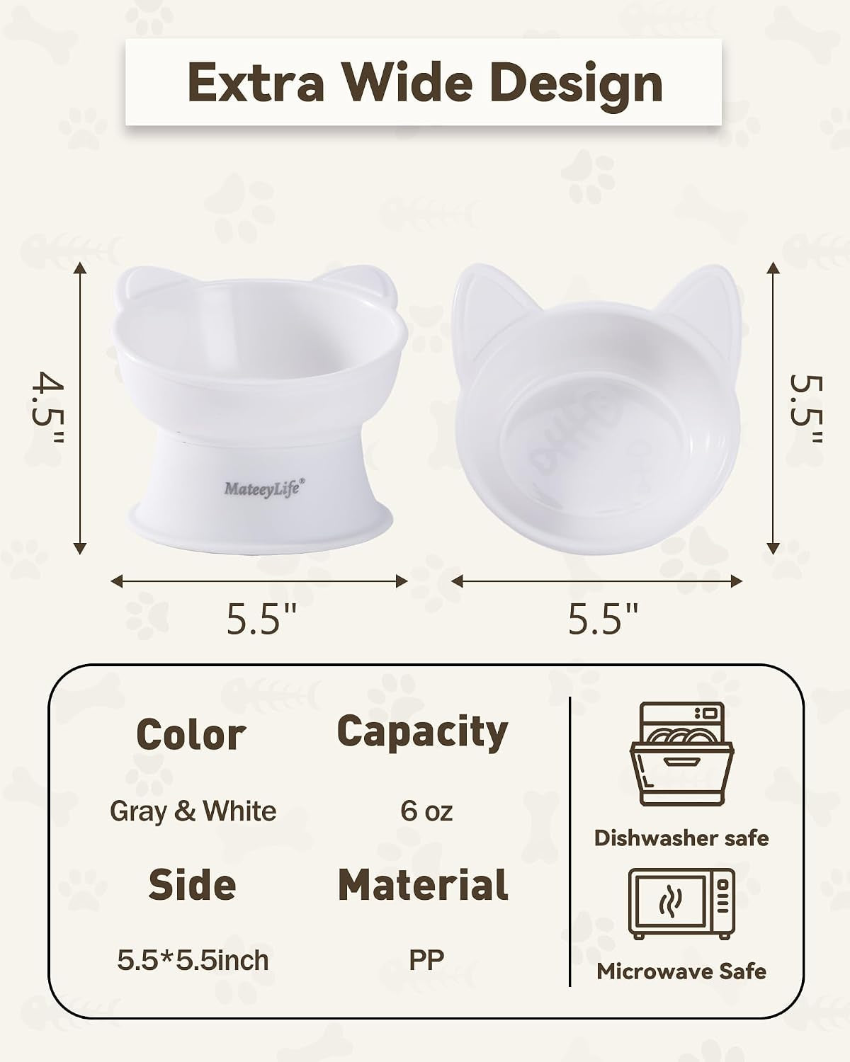 2 Pack Elevated Cat Food Bowls for Indoor Cats & Kittens | Raised Food and Water Bowl Set, Whisker Friendly & anti Vomit Feeding Pet Bowls, 6 Oz Each, Dishwasher Safe - White & Grey