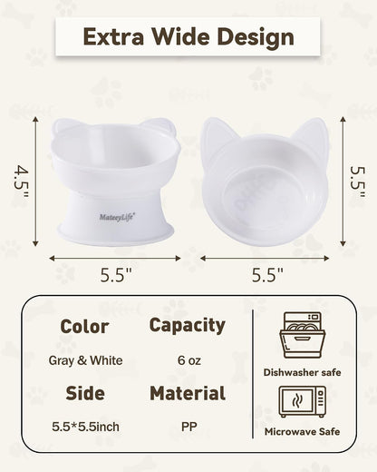 2 Pack Elevated Cat Food Bowls for Indoor Cats & Kittens | Raised Food and Water Bowl Set, Whisker Friendly & anti Vomit Feeding Pet Bowls, 6 Oz Each, Dishwasher Safe - White & Grey