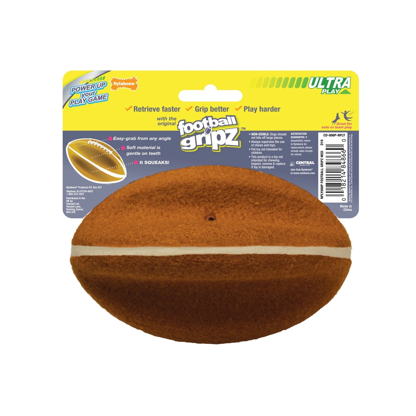 Power Play Dog Football Gripz, Dog Play Toy, Medium